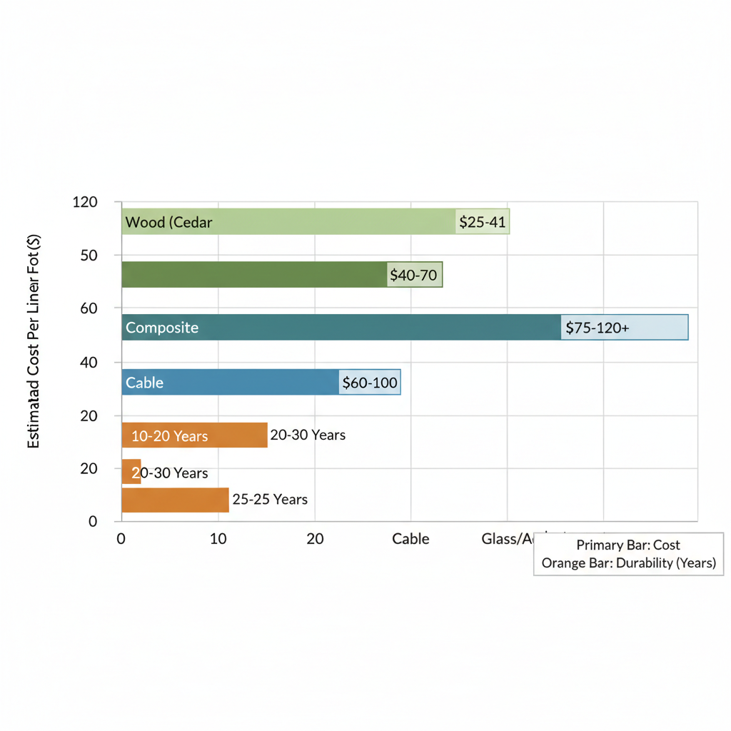 Horizontal bar chart comparing costs and durability of four deck railing types for Bellevue homes