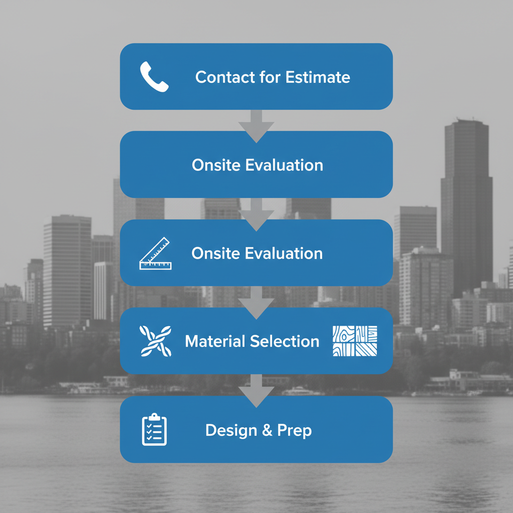 Vertical process flow diagram illustrating the four key steps to start a deck railing project: contact for estimate, onsite evaluation, material selection, and design preparation.