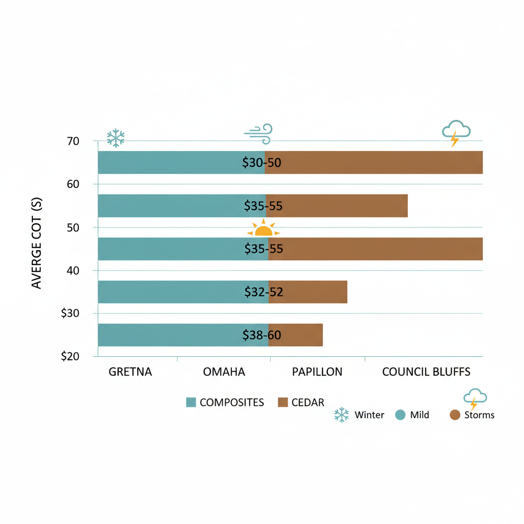 Horizontal bar chart comparing average deck building costs per square foot in Gretna, Omaha, Papillion, and Council Bluffs, segmented by composite and cedar materials with climate icons.