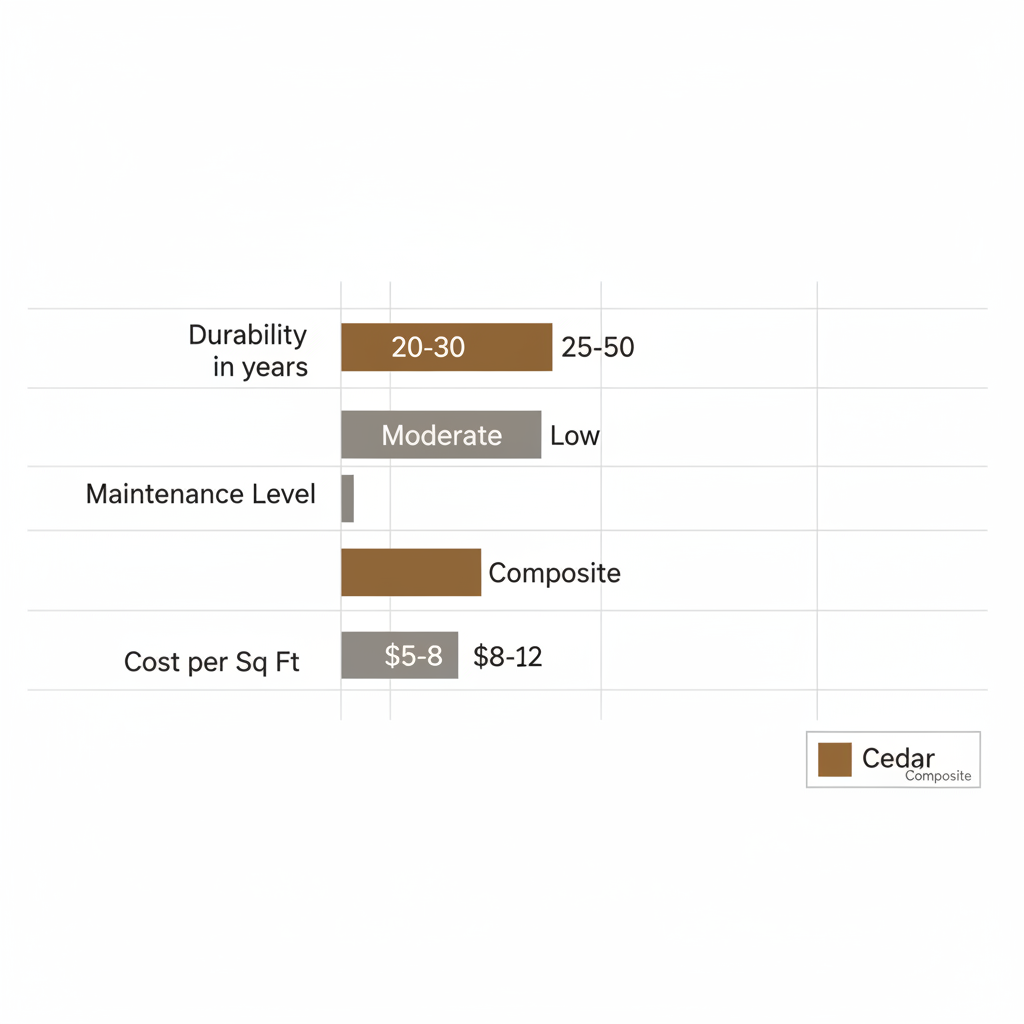 Horizontal bar chart comparing cedar and composite deck materials by durability, maintenance, and cost in Bellevue, Nebraska.