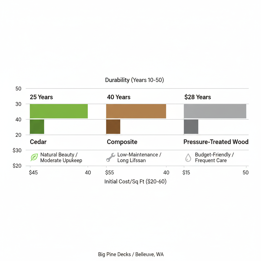 Horizontal bar chart comparing costs, durability, and maintenance of deck materials: Cedar, Composite, and Pressure-Treated Wood for Bellevue homes