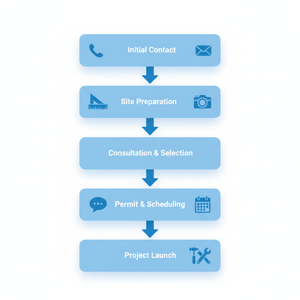 Vertical process flow diagram illustrating five steps to start a Bellevue deck project with icons and brief stage labels.