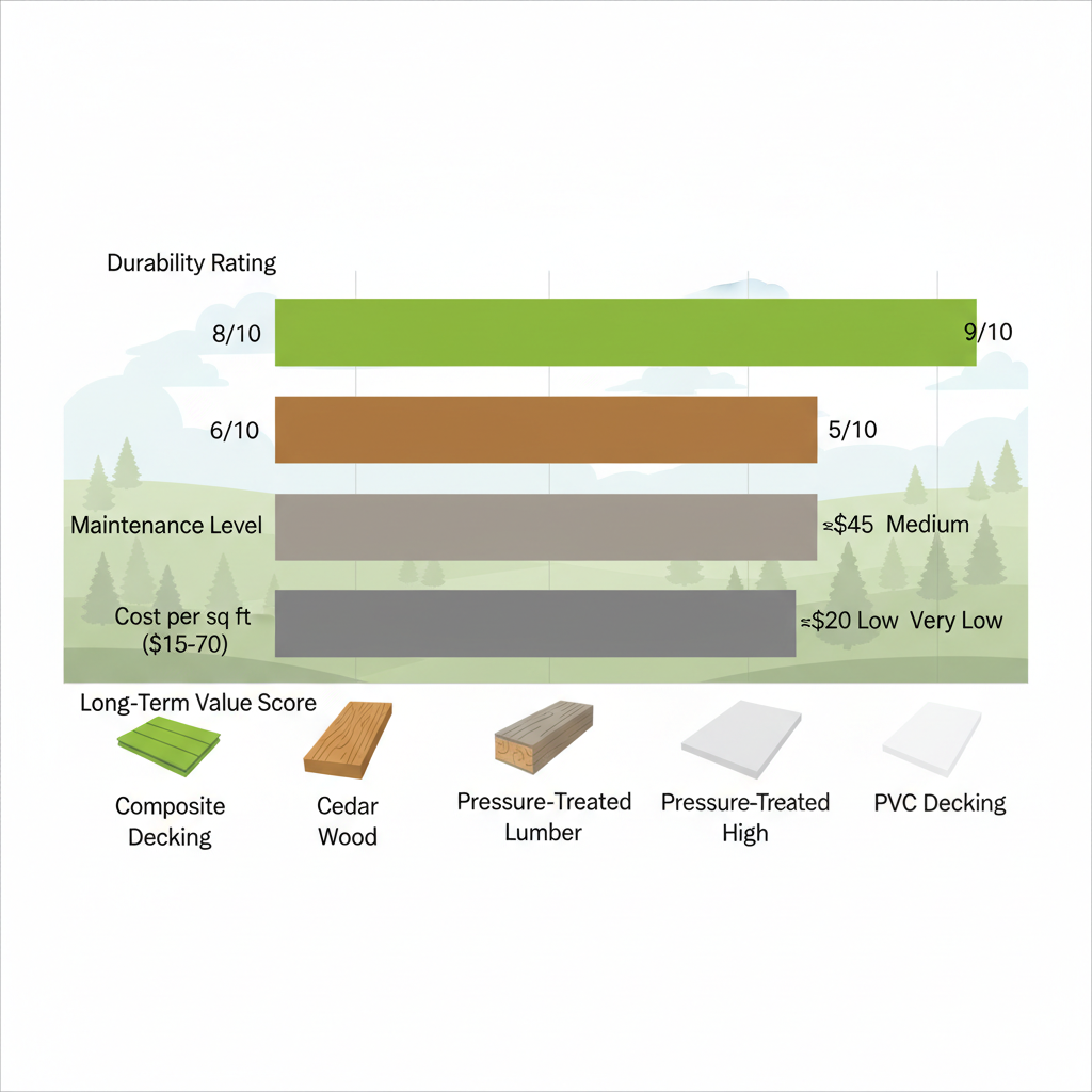 Horizontal bar chart comparing deck materials for durability, maintenance, cost, and value in Bellevue's climate
