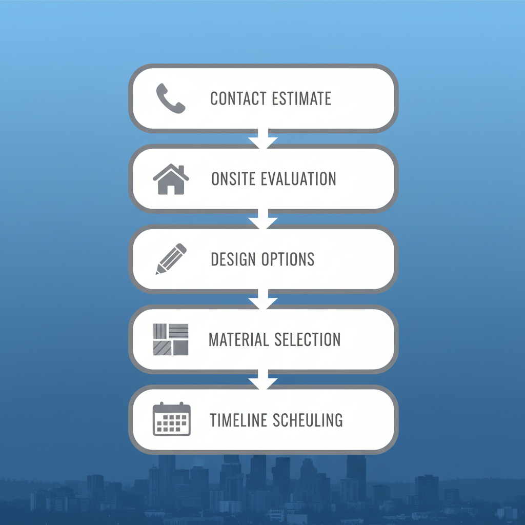 Vertical process flow diagram illustrating the five key steps to launch a deck project in Bellevue, featuring icons for contact, evaluation, design, material selection, and scheduling.