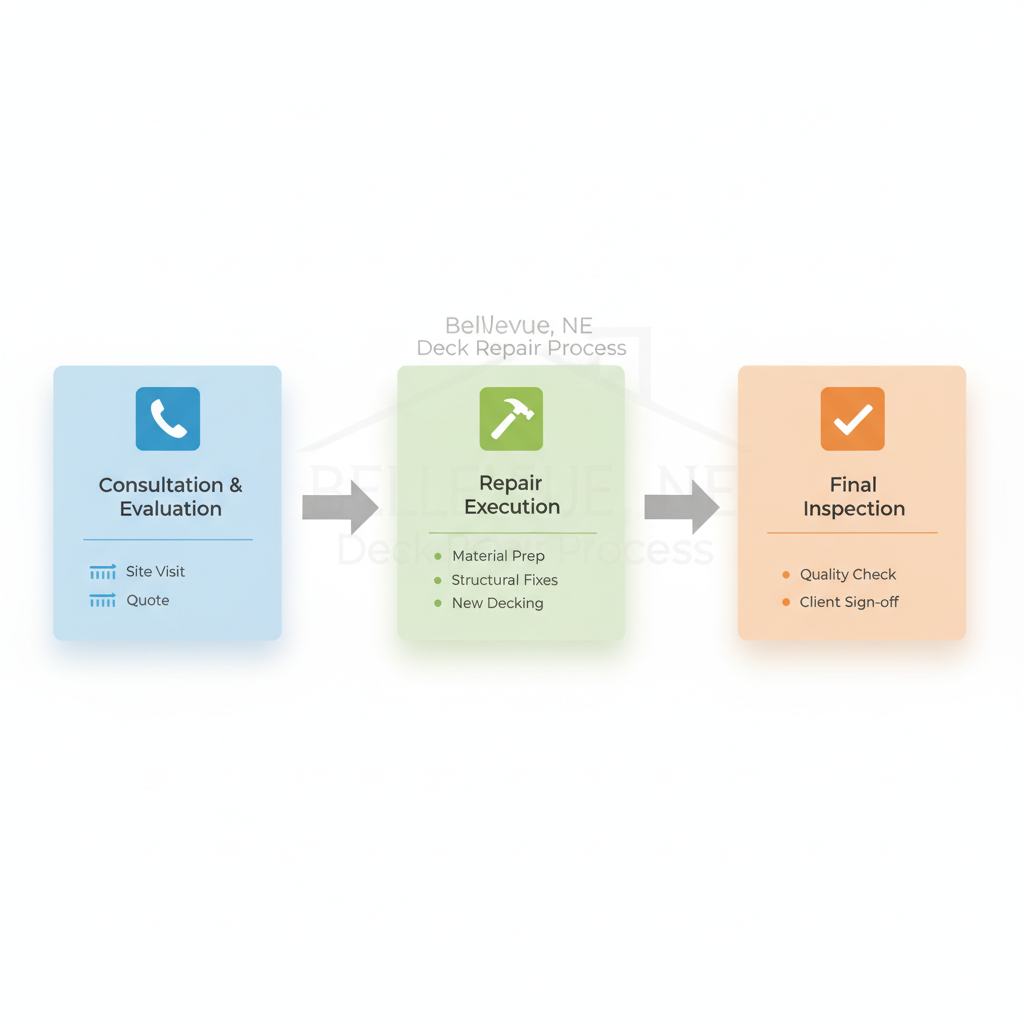 Horizontal process flow diagram illustrating the three stages of deck repair: consultation, execution, and inspection.