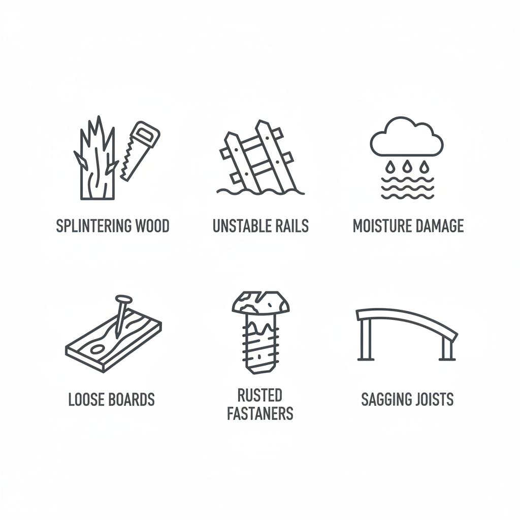 Grid of icons illustrating common deck damage signs like splintering wood, unstable railings, and rusted fasteners.
