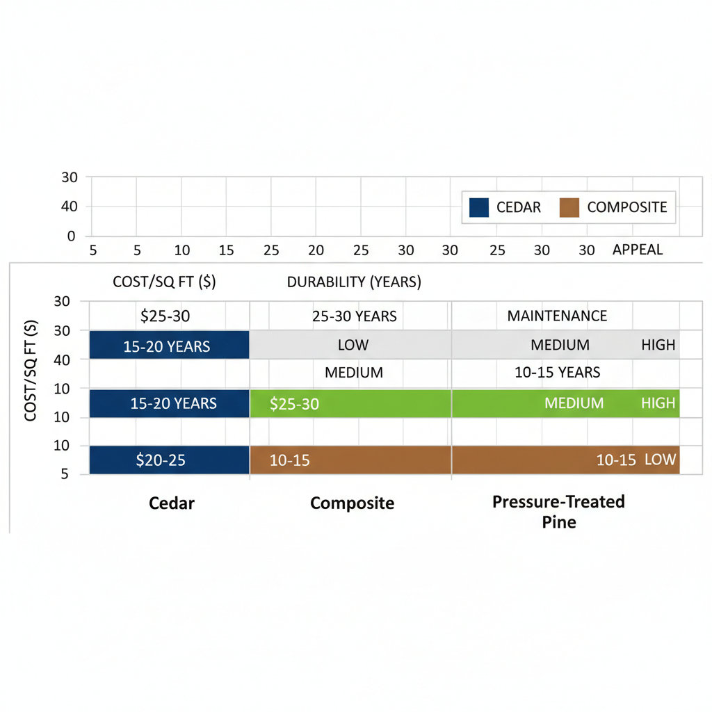 Horizontal bar chart comparing cost, durability, maintenance, and appeal of cedar, composite, and pressure-treated pine decking for Bellevue homes