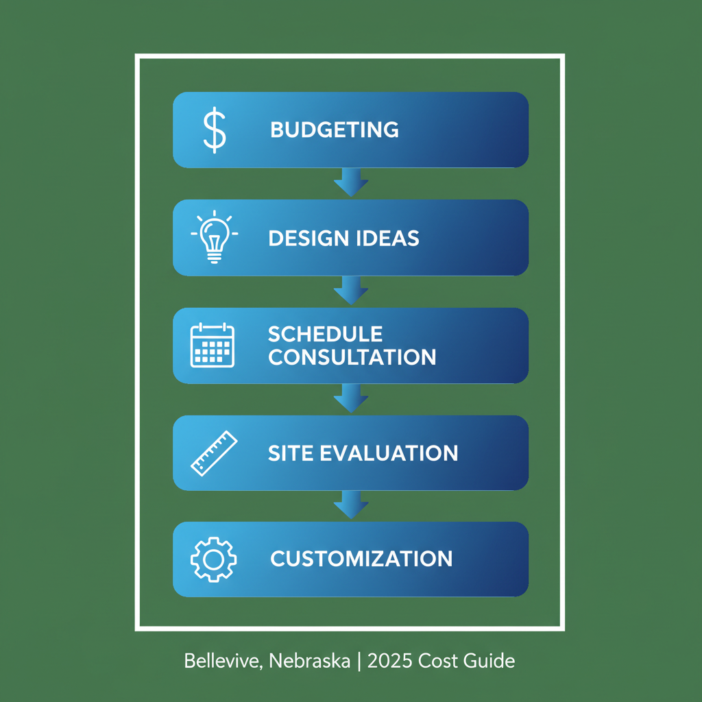 Vertical process flow diagram illustrating five steps to launch a cedar deck project: budgeting, design ideas, consultation scheduling, site evaluation, and customization.