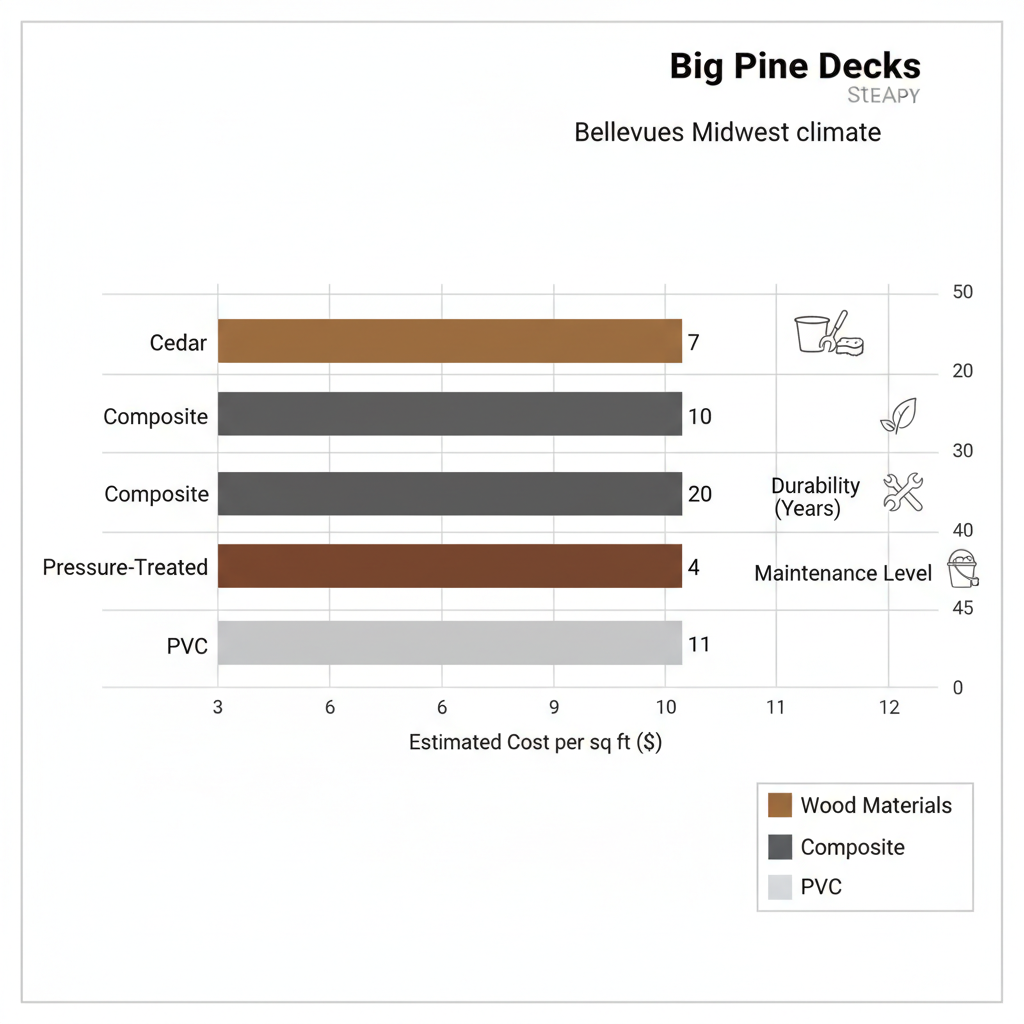 Horizontal bar chart comparing deck materials: cedar, composite, pressure-treated wood, and PVC by cost per square foot, durability in years, and maintenance levels for Bellevue's climate