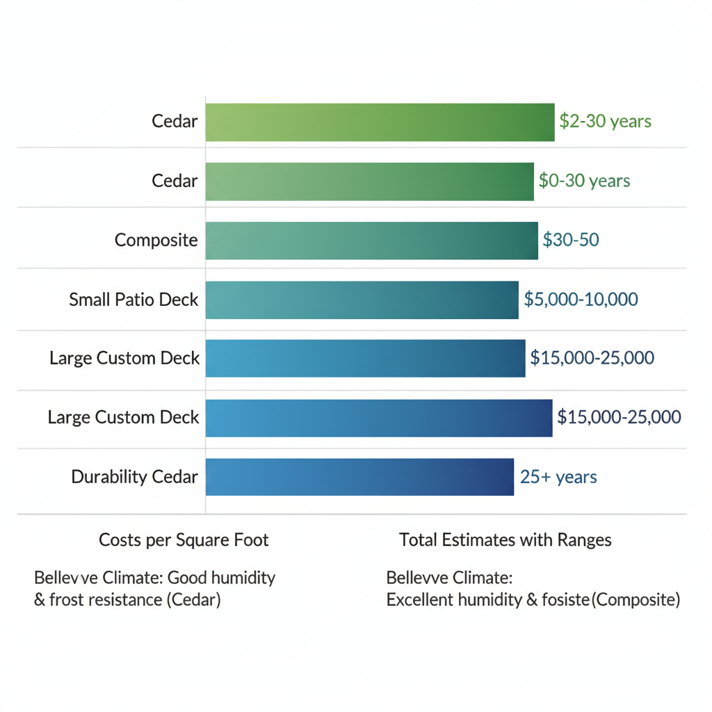 Horizontal bar chart comparing deck material costs per square foot, total project estimates, and durability ratings in Bellevue, Nebraska
