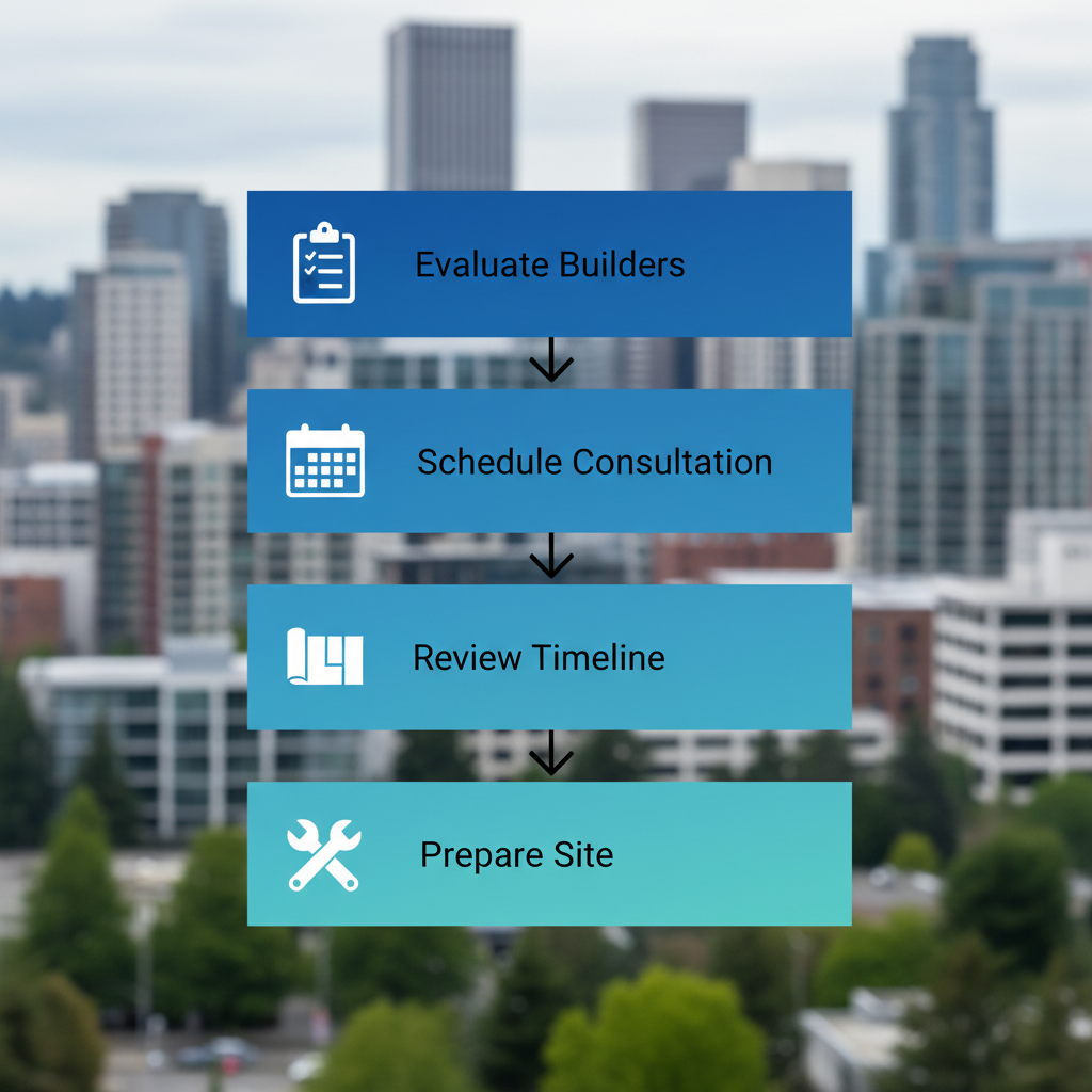 Vertical process flow diagram illustrating four key steps to launch a deck project in Bellevue with icons for evaluation, consultation, design review, and site preparation.