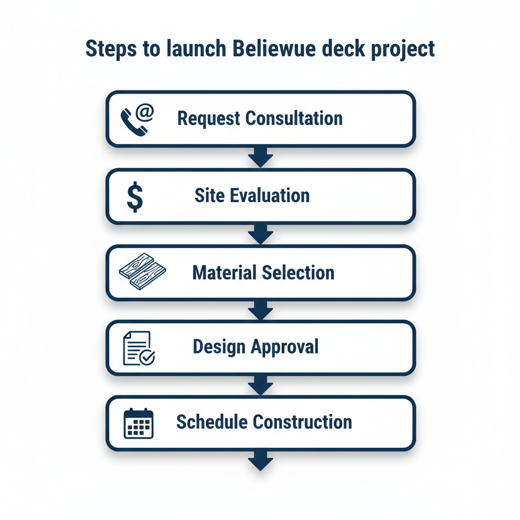 Vertical process flow diagram illustrating the five key steps to initiate a deck construction project in Bellevue