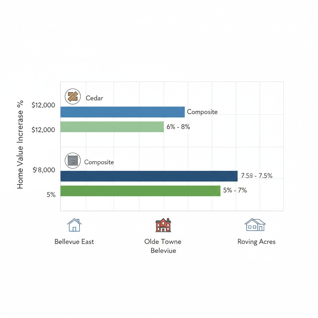 Horizontal bar chart comparing deck construction costs, materials, and home value increases across three Bellevue neighborhoods
