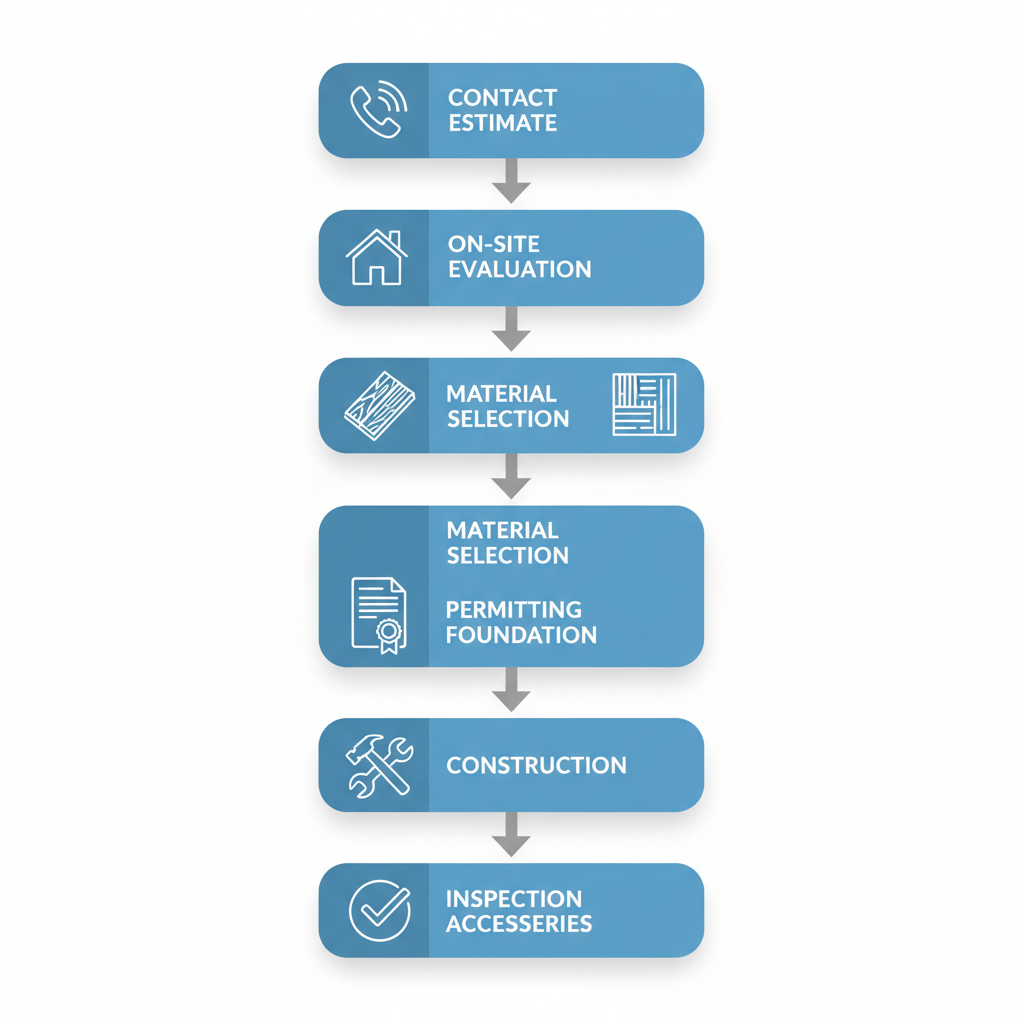 Vertical process flow diagram illustrating six steps for deck construction: contact for estimate, on-site evaluation, material selection, permitting and foundation, construction, and inspection with accessories.