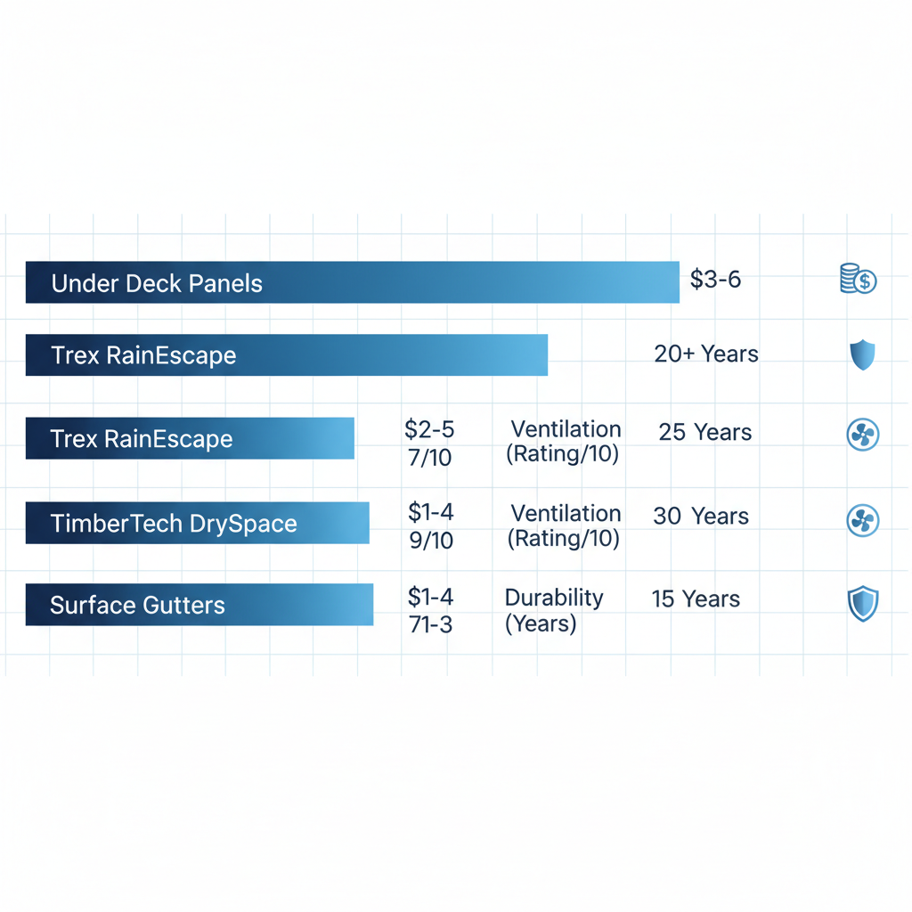 Infographic bar chart comparing four deck drainage systems by cost, ventilation rating, and durability for Bellevue homes