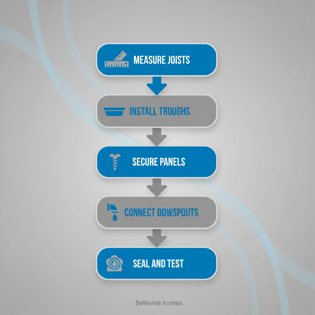 Vertical process flow diagram showing five steps of under deck drainage system installation with icons and arrows