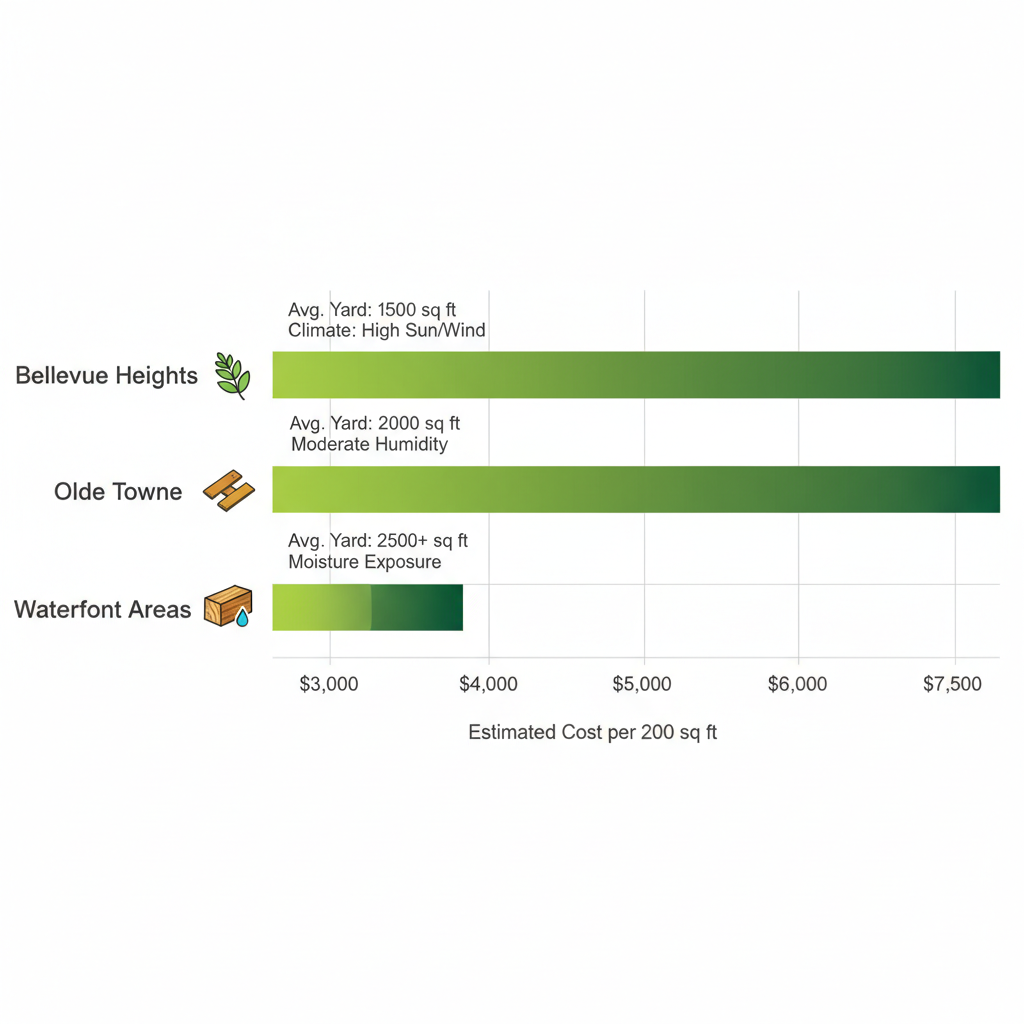 Horizontal bar chart comparing estimated wood deck costs per 200 square feet across three Bellevue neighborhoods, including yard sizes, climate notes, and deck type icons