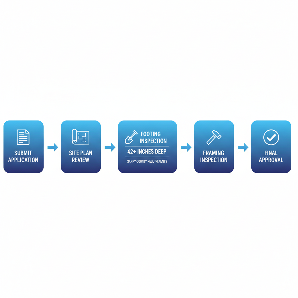 Horizontal process flow diagram illustrating five steps for deck permit approval in Bellevue Nebraska