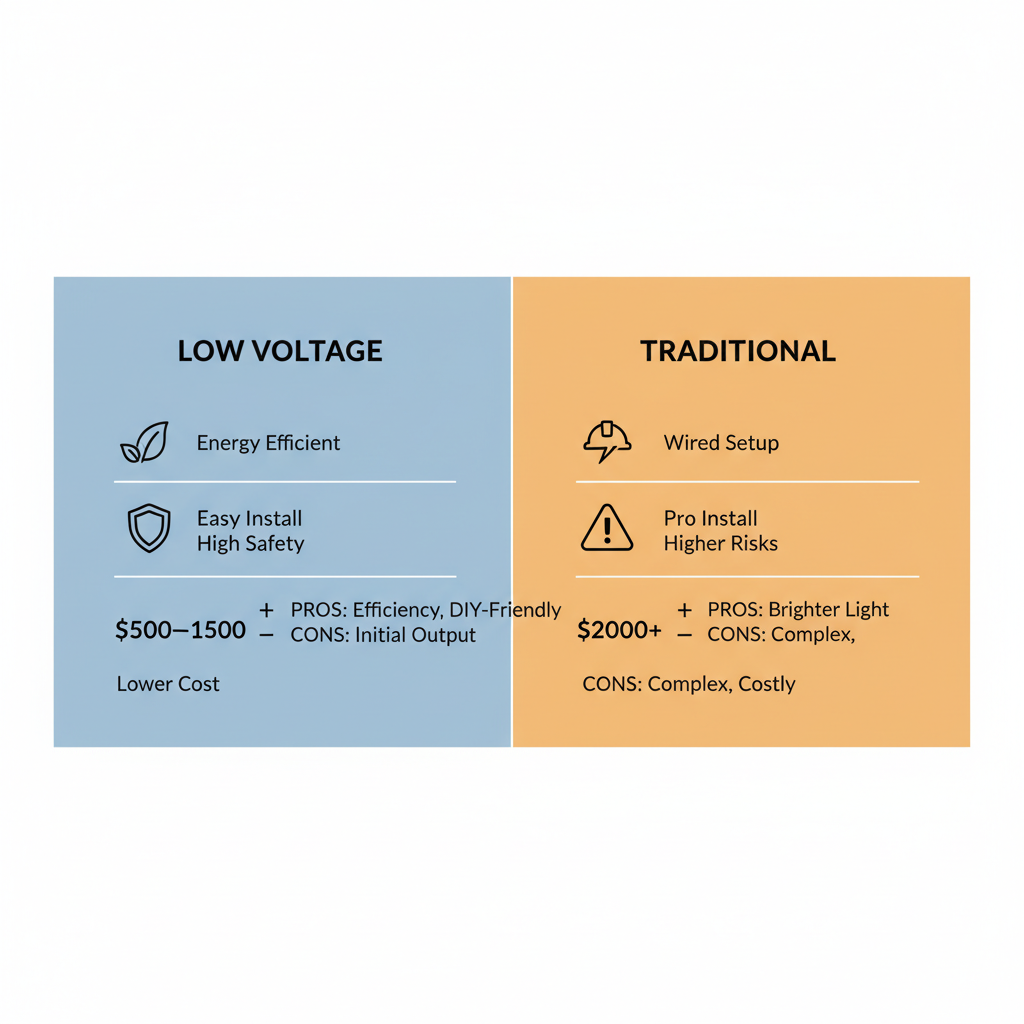 Side-by-side comparison infographic illustrating low voltage and traditional deck lighting options with icons for efficiency, installation, safety, and costs