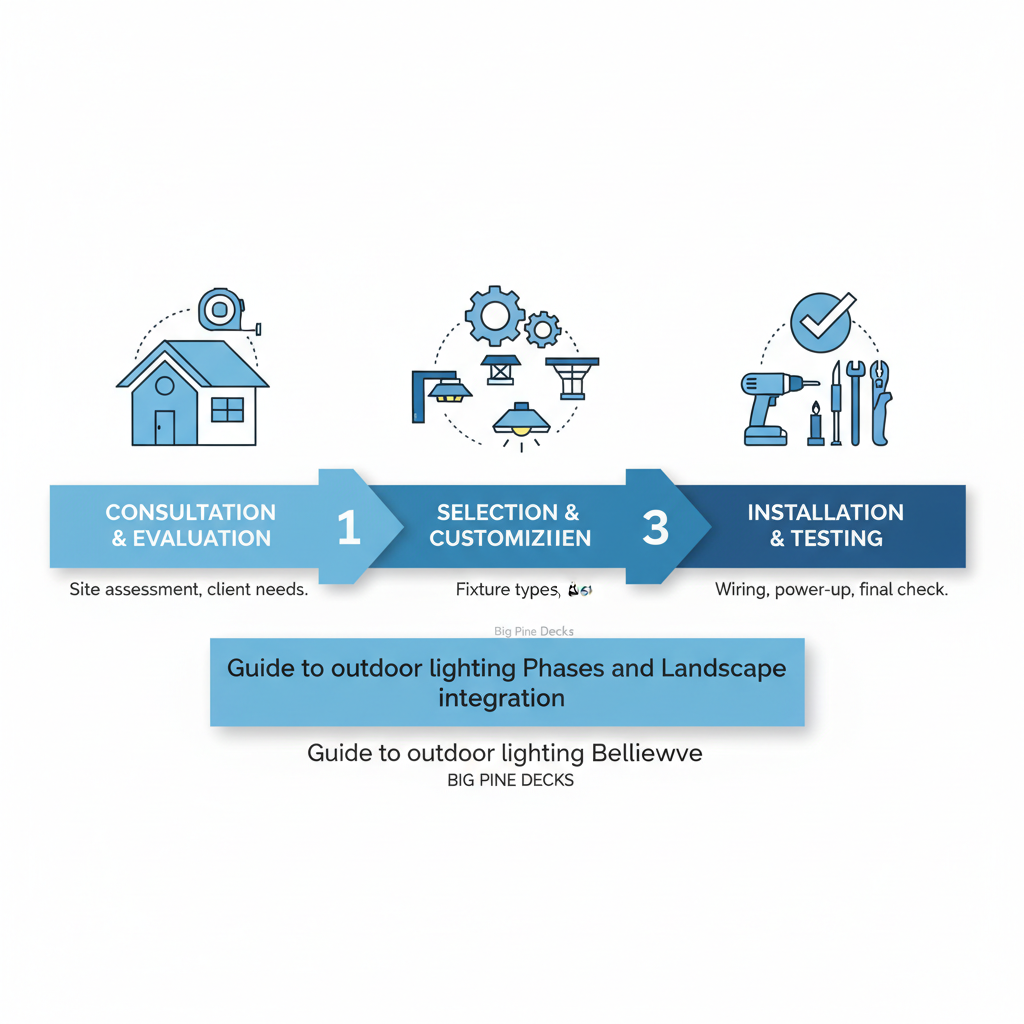 Horizontal process flow diagram illustrating three stages of deck lighting installation in Bellevue