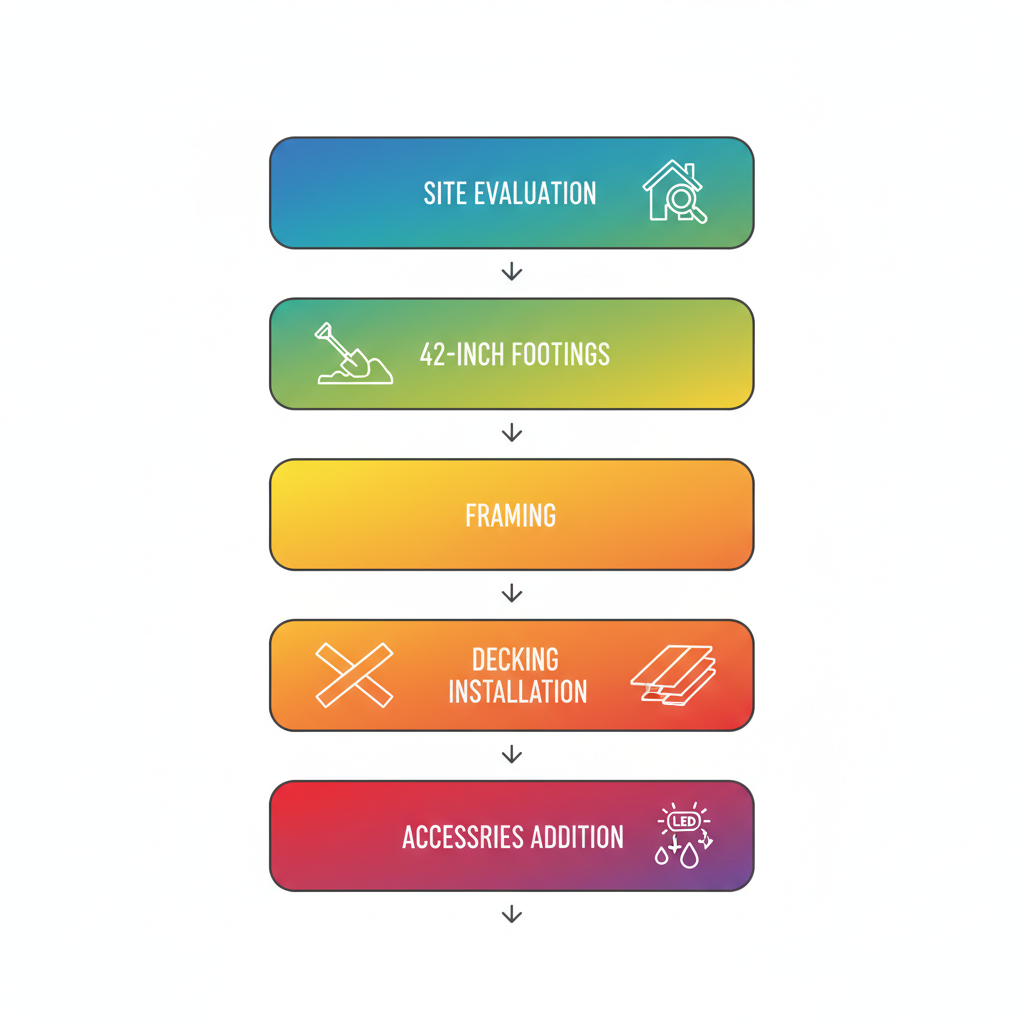 Vertical process flow illustrating five stages of deck construction services in Bellevue, Nebraska: site evaluation, deep footings, framing, decking installation, and accessories addition.