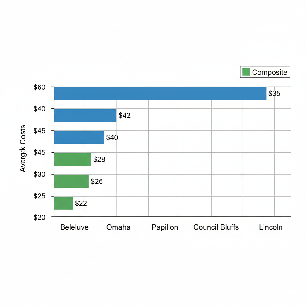 Horizontal bar chart comparing composite and cedar deck costs per square foot in Bellevue, Omaha, Papillion, Council Bluffs, and Lincoln