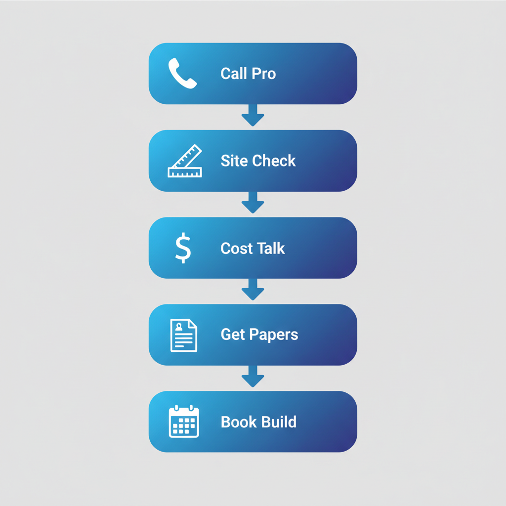 Vertical process flow diagram showing five key steps to start a deck project in Bellevue: contact contractor, site visit, discuss options, gather permits, and schedule construction.