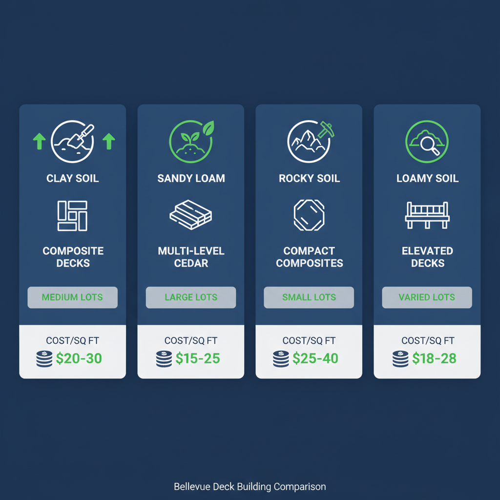 Infographic comparing deck building features, soils, types and costs across Bellevue area neighborhoods