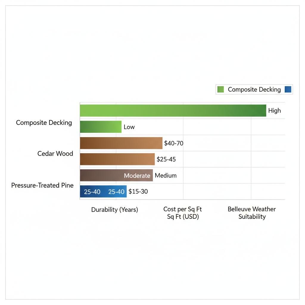 Horizontal bar chart comparing deck materials durability, maintenance, cost, and suitability for Bellevue weather