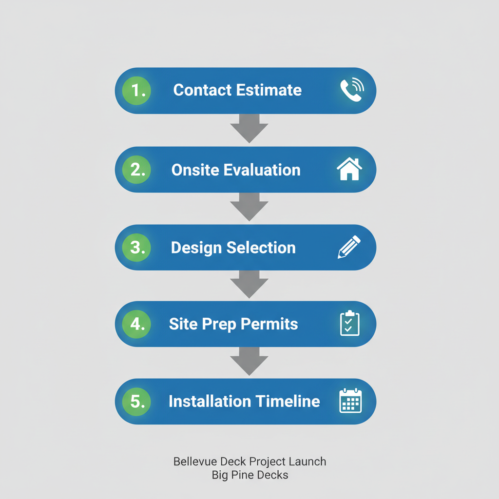 Vertical process flow diagram illustrating five steps to start a Bellevue deck project with icons and minimal labels