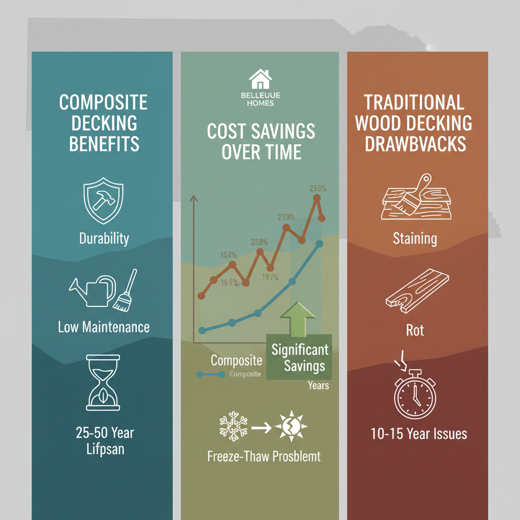 Infographic comparing composite and traditional wood decking durability, maintenance, lifespan, and cost savings for Bellevue homeowners