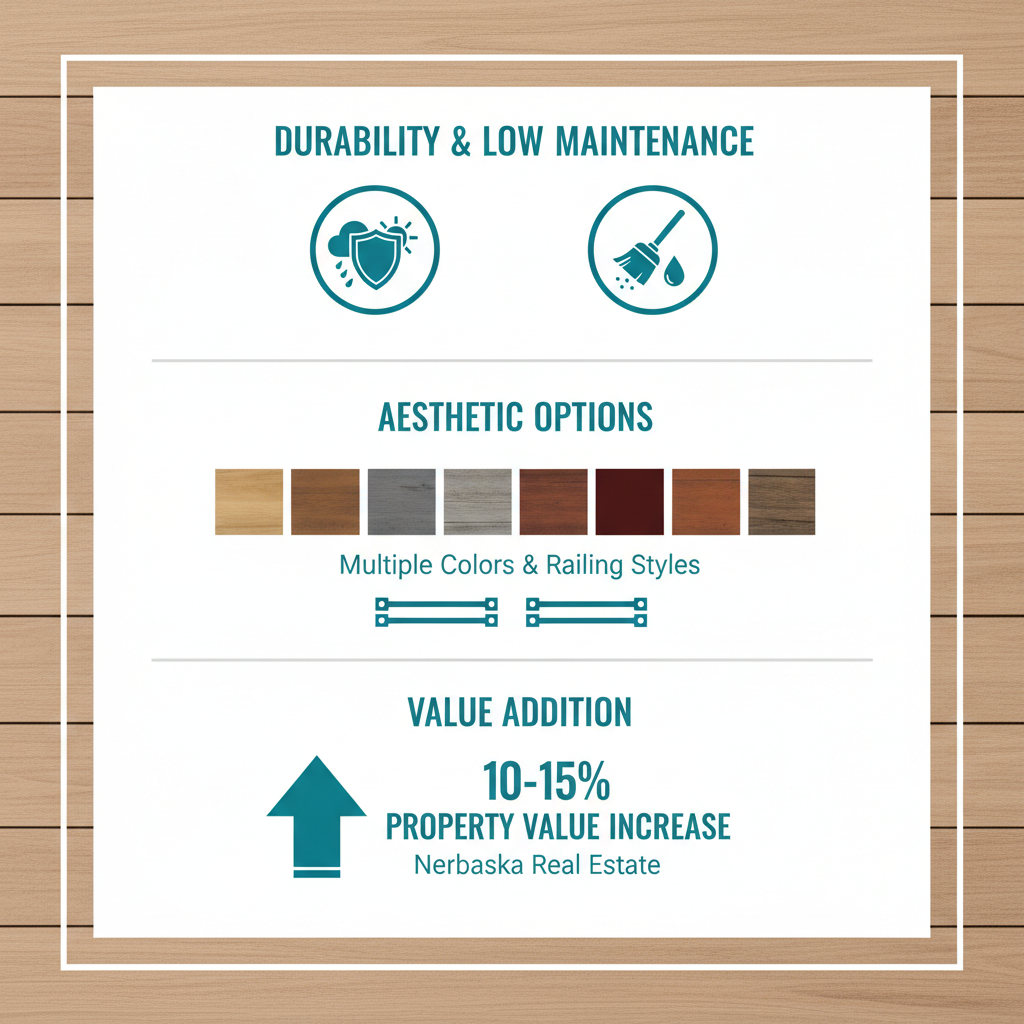 Infographic illustrating three key benefits of TimberTech composite decks: durability, aesthetics, and property value enhancement.