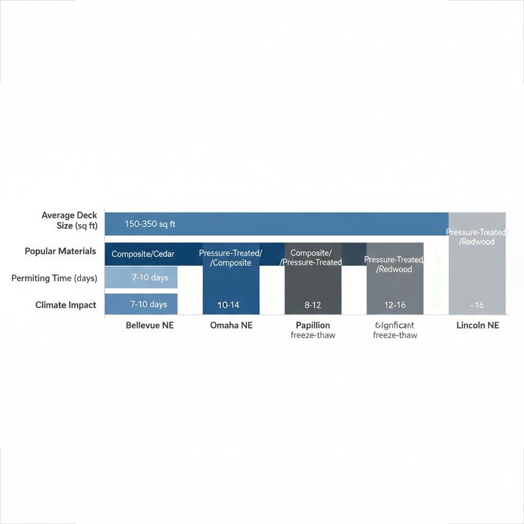 Horizontal bar chart comparing deck building metrics across Bellevue, Omaha, Papillion, and Lincoln in Nebraska