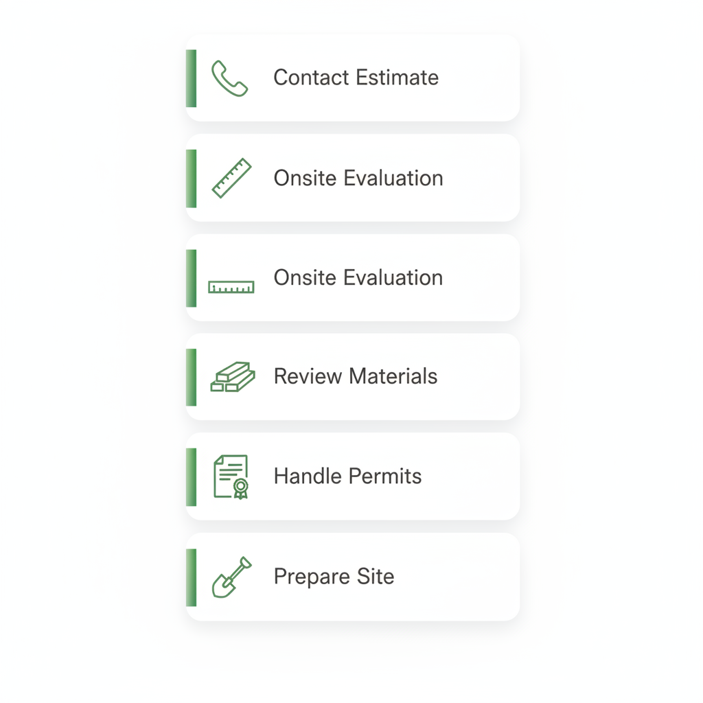 Vertical process flow diagram illustrating five steps to start a deck project: contact for estimate, onsite evaluation, material review, permits, and site preparation with icons.