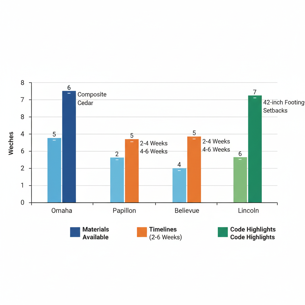 Horizontal bar chart comparing deck materials, timelines, and local codes in Omaha metro areas including Omaha, Papillion, Bellevue, and Lincoln.