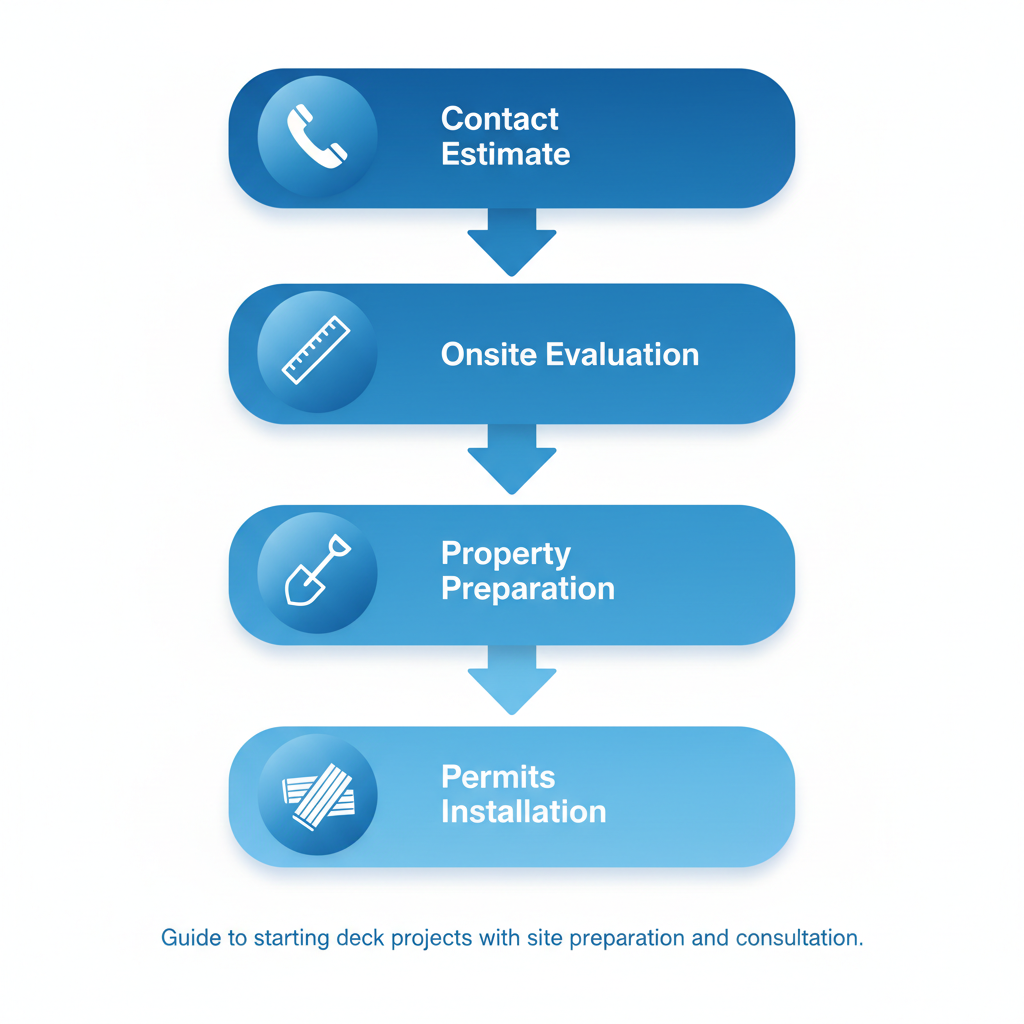 Vertical process flow diagram illustrating five steps to start a deck project in Omaha with icons for contact, evaluation, preparation, materials, and permits.