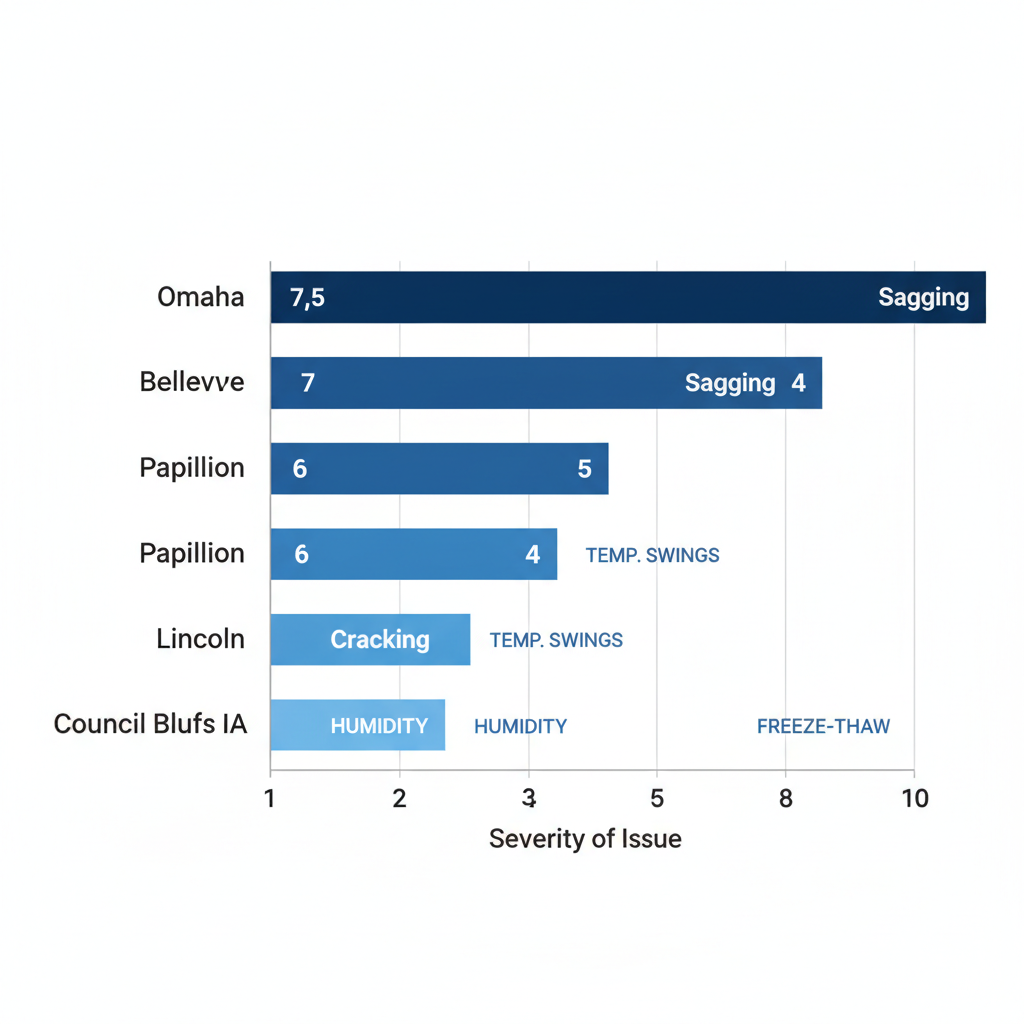Bar chart illustrating severity of deck repair issues by community in the Omaha area