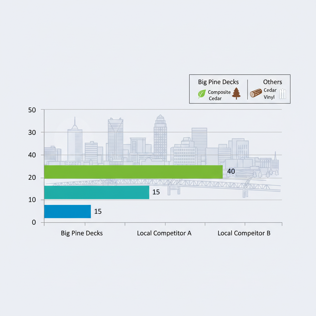 Horizontal bar chart comparing years of experience among deck builders in the Omaha metro area, featuring Big Pine Decks in green with material icons