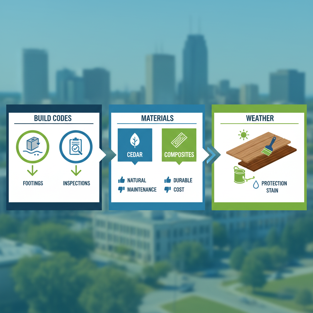 Infographic showing local factors for deck repair in Omaha including codes, materials, and weather resilience