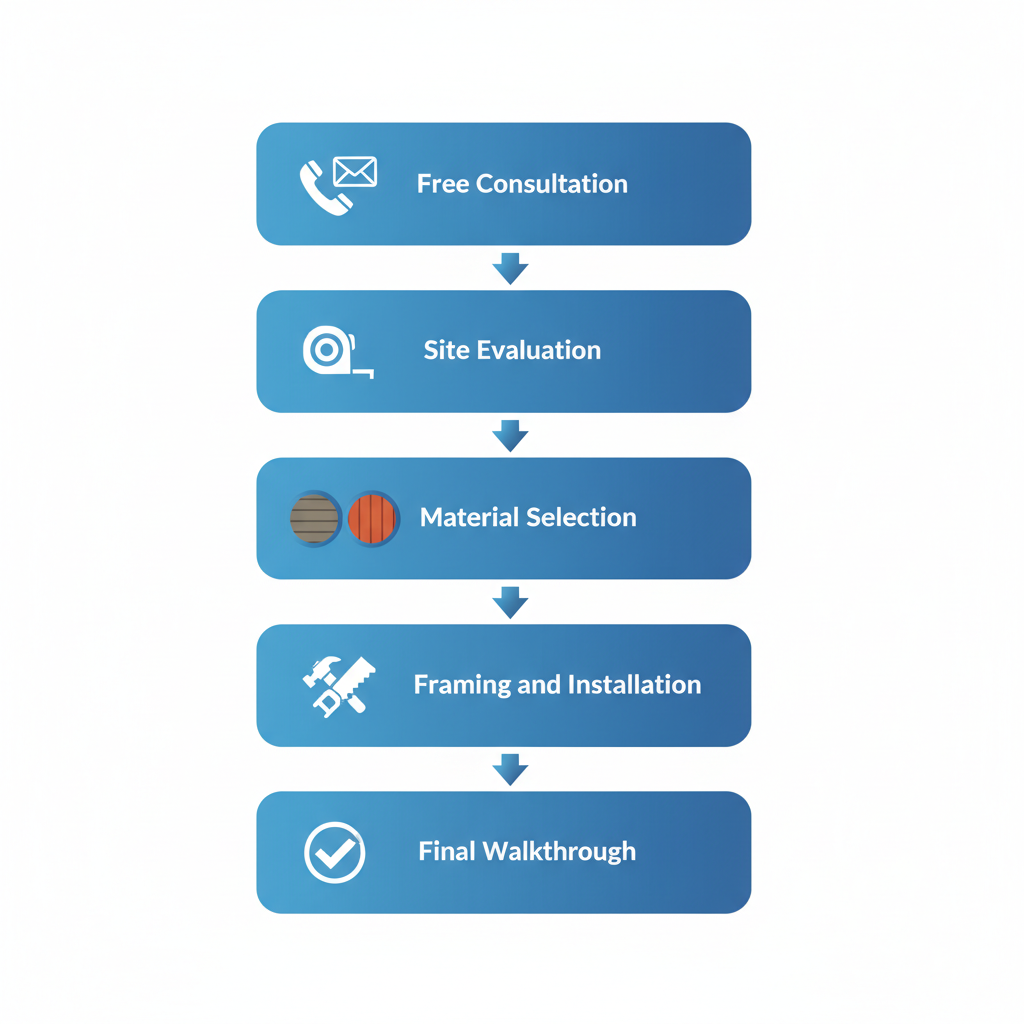 Vertical process flow diagram showing five key steps to build a custom deck with Big Pine Decks
