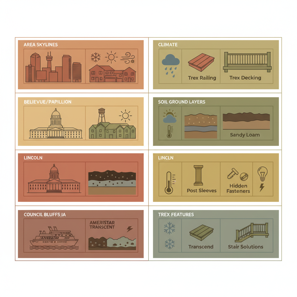 Infographic comparing composite deck factors across Omaha metro areas including climate, soil, and features