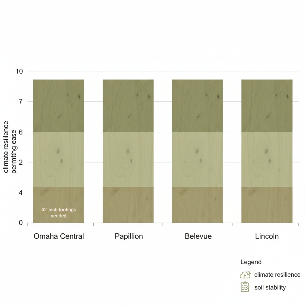 Bar chart comparing cedar deck factors including climate resilience, soil stability, and permitting ease across Omaha neighborhoods on a 1-10 scale.