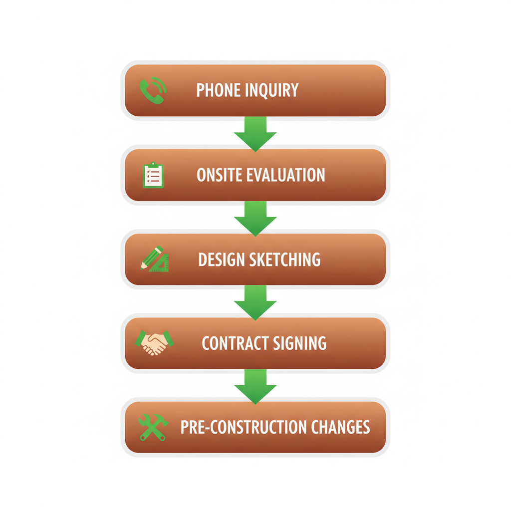 Vertical process flow diagram showing five steps to start a cedar deck project: phone inquiry, onsite evaluation, design sketching, contract signing, and pre-construction changes.