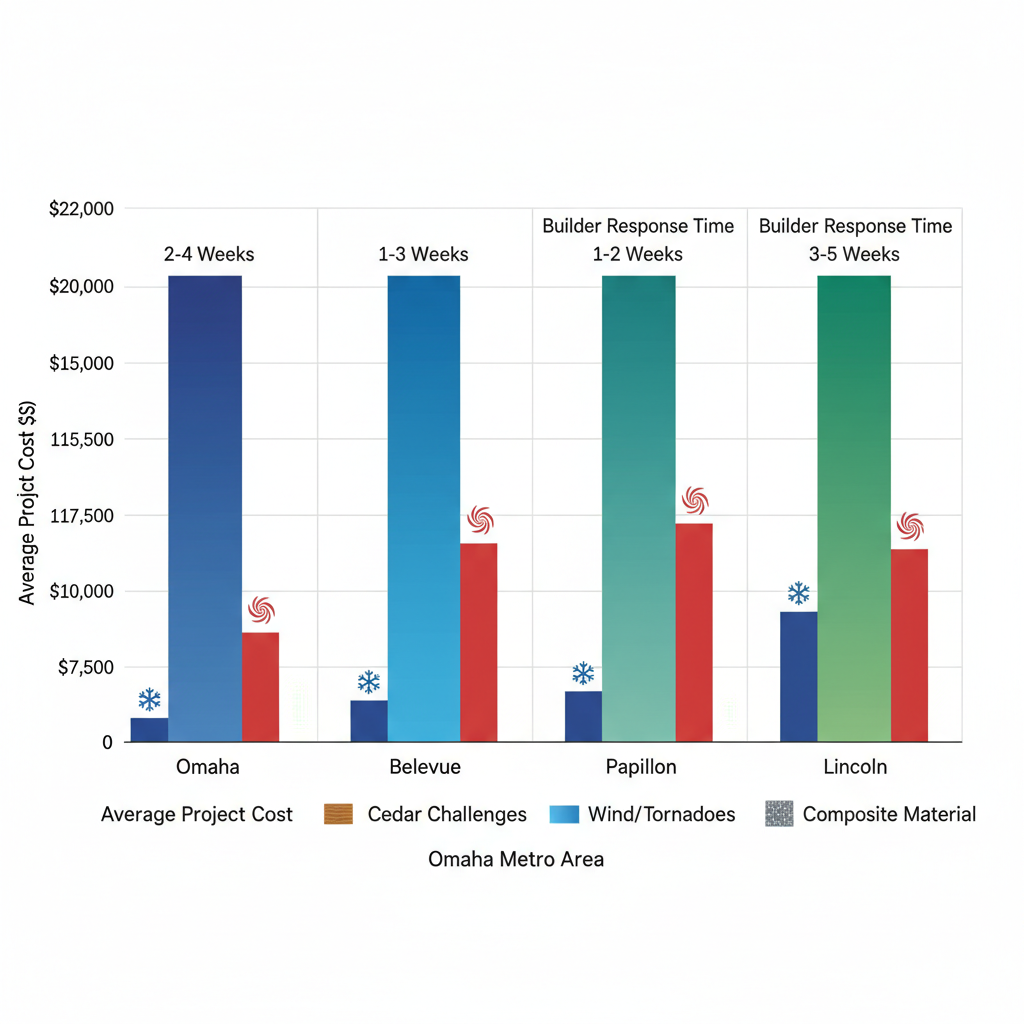 Horizontal bar chart comparing deck costs, climate challenges, materials, and response times in Omaha metro areas