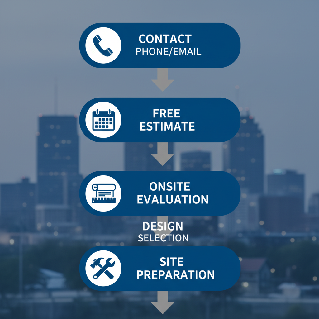 Vertical process flow illustrating five steps to start a custom deck project in Omaha