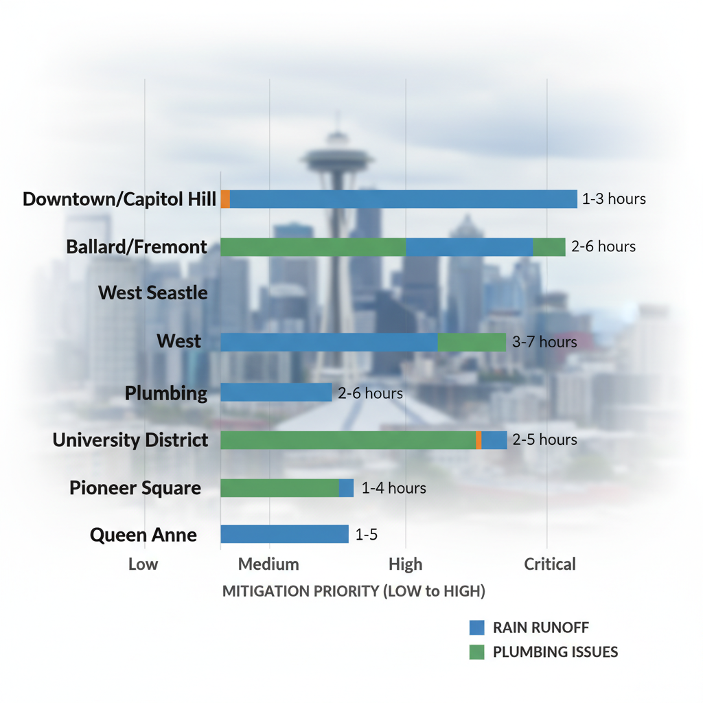Horizontal bar chart comparing water damage risks and response times across Seattle neighborhoods