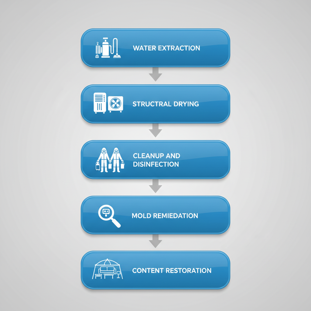 Vertical process flow illustrating five steps of water damage restoration: extraction, structural drying, cleanup, mold remediation, and content restoration.