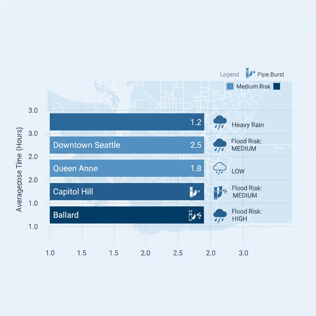 Horizontal bar chart comparing water damage response times and flood risks in Seattle neighborhoods including Downtown, Queen Anne, Capitol Hill, and Ballard