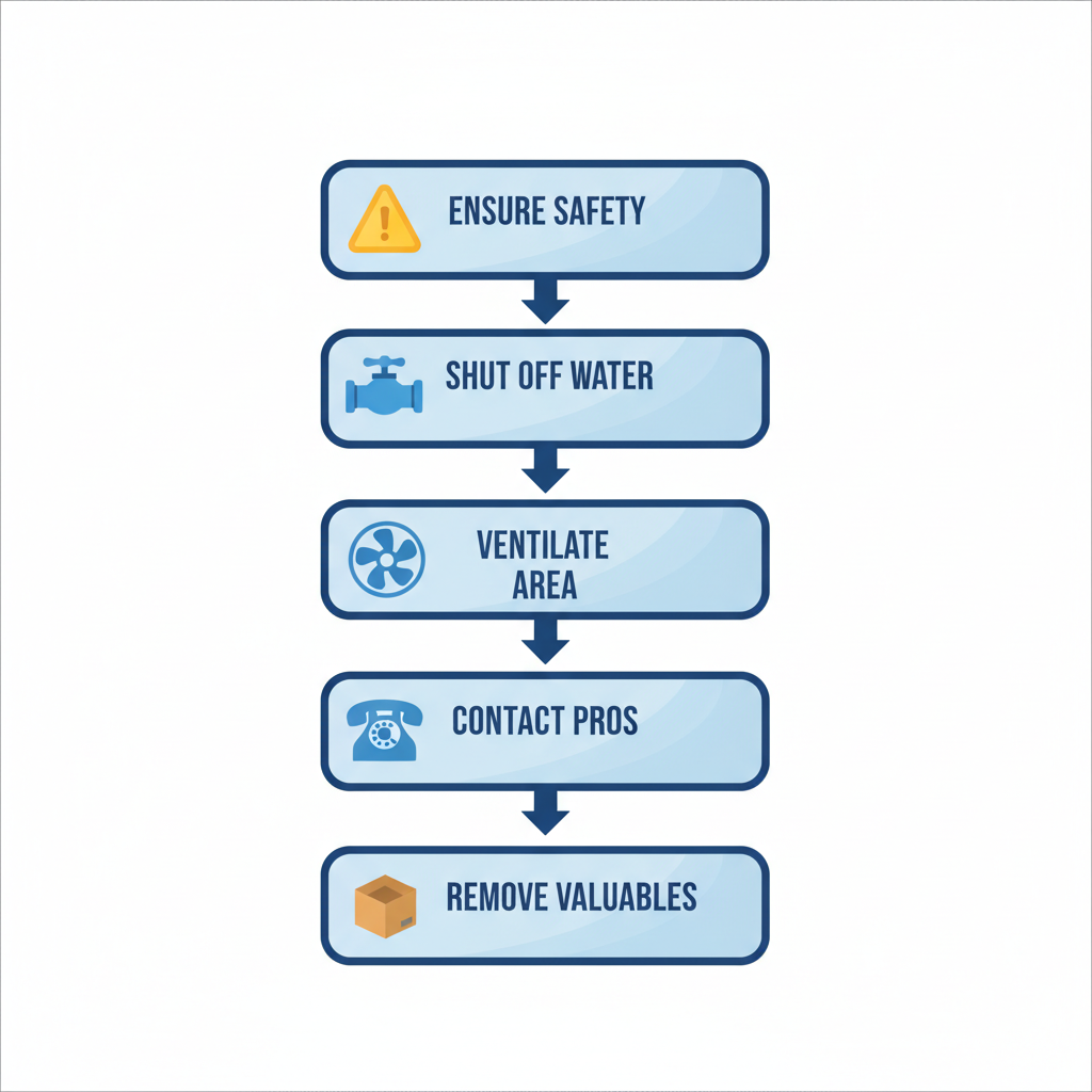 Vertical process flow diagram illustrating five immediate steps for water emergencies in Seattle: ensure safety, shut off water, ventilate, contact professionals, and remove valuables.