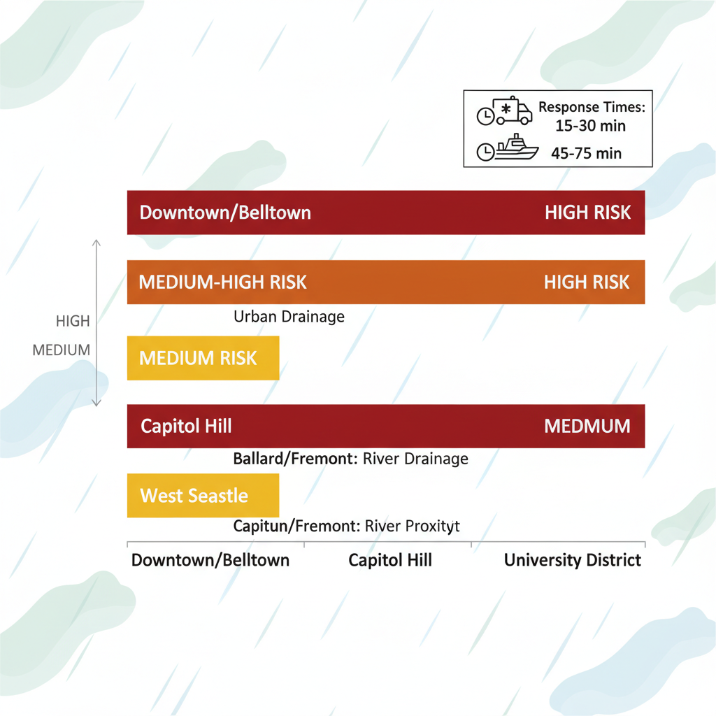 Horizontal bar chart comparing flood risk levels in Seattle neighborhoods with color-coded bars and response time insets